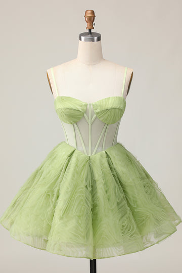 Green A Line Strapless Sheer Corset Ruched Short Homecoming Dress
